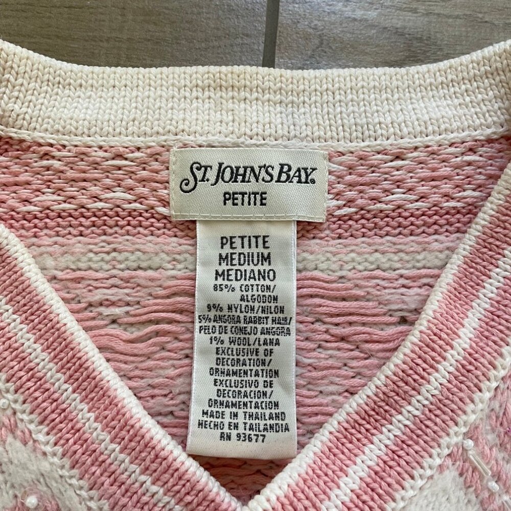 St. Johns Bay Sweater Womens Medium Petite Pink Fair Isle beaded Angora Pullover - Picture 3 of 12